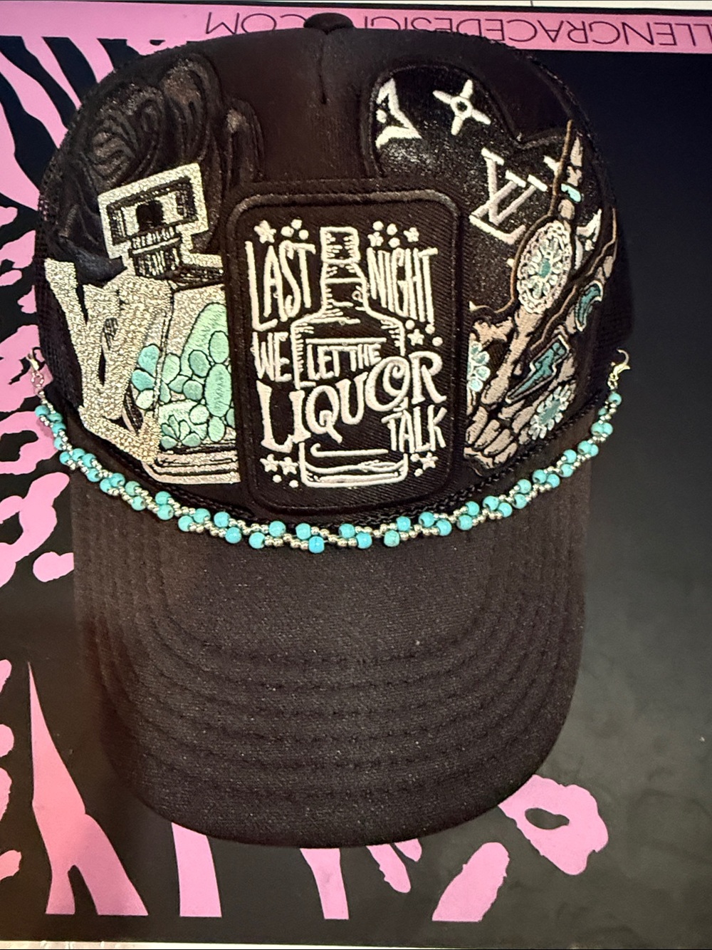 OTTO Black Trucker Hat with Turquoise Bead Trim